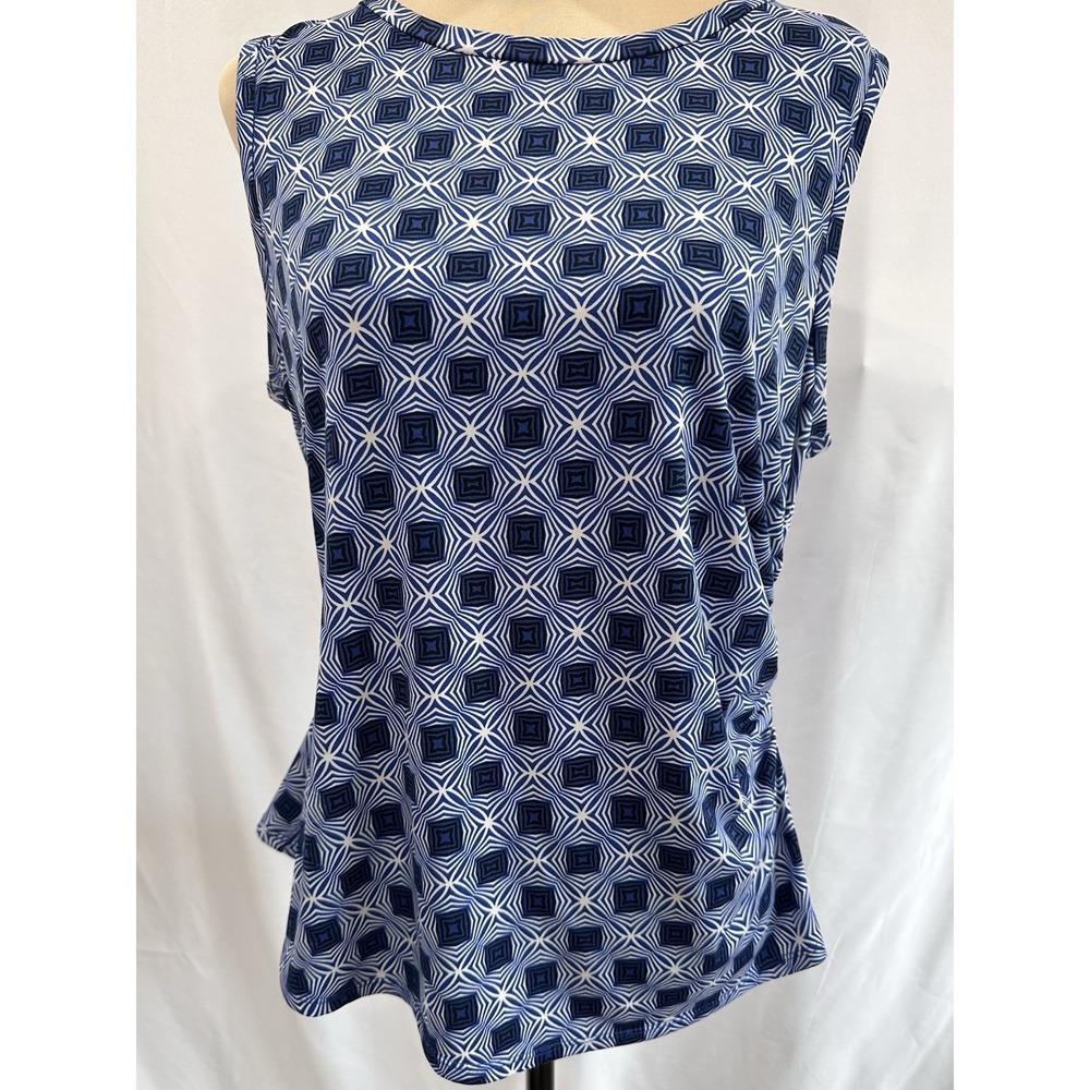 Laundry Shelli Segal Blue Geometric Ruched Side Sleeveless Career Shell Top L‎